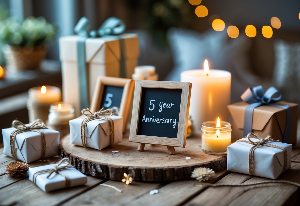 A table with handmade anniversary gifts including photo frames, candles, paper flowers, and wrapped presents in a cozy home setting.