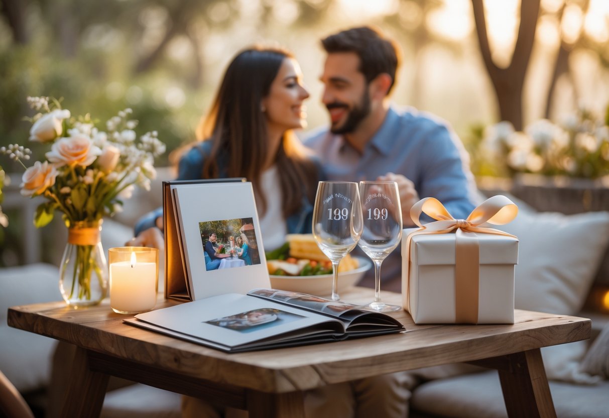 A couple enjoying a warm anniversary celebration with gifts on a table and sharing a joyful moment together.