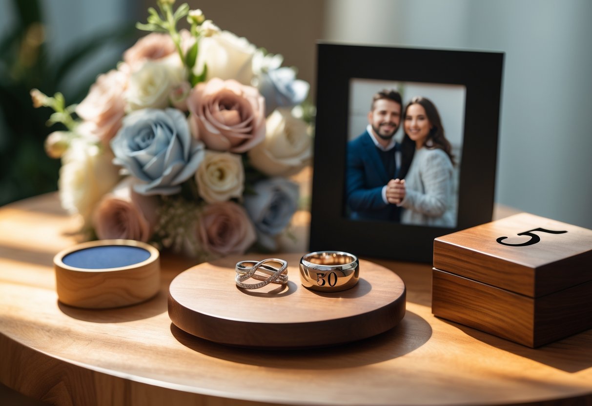 A table with custom anniversary gifts including flowers, silver rings, a photo frame, and a wooden box engraved with the number 5.
