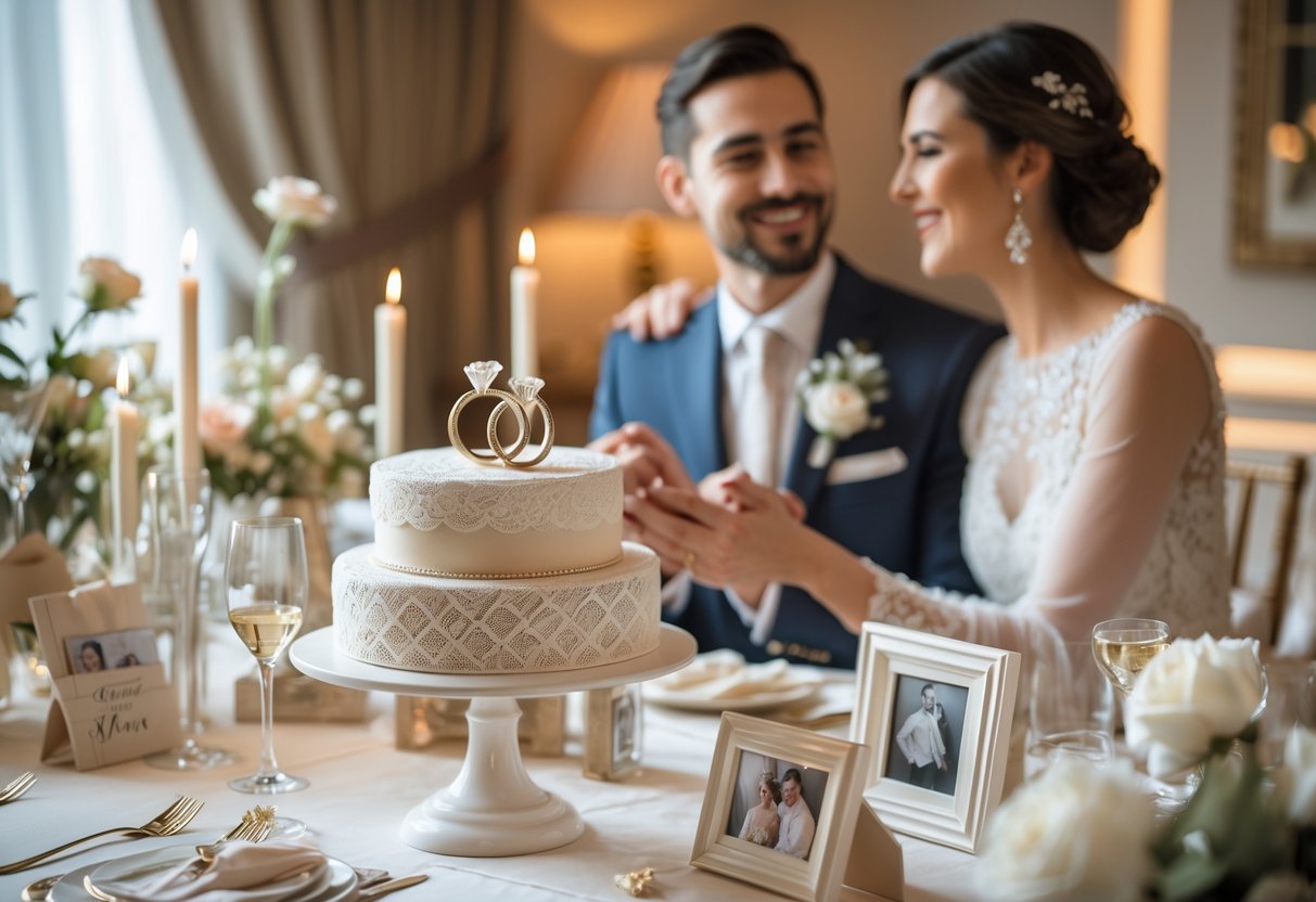 A couple holding hands at a decorated table with anniversary gifts and floral arrangements celebrating five years together.