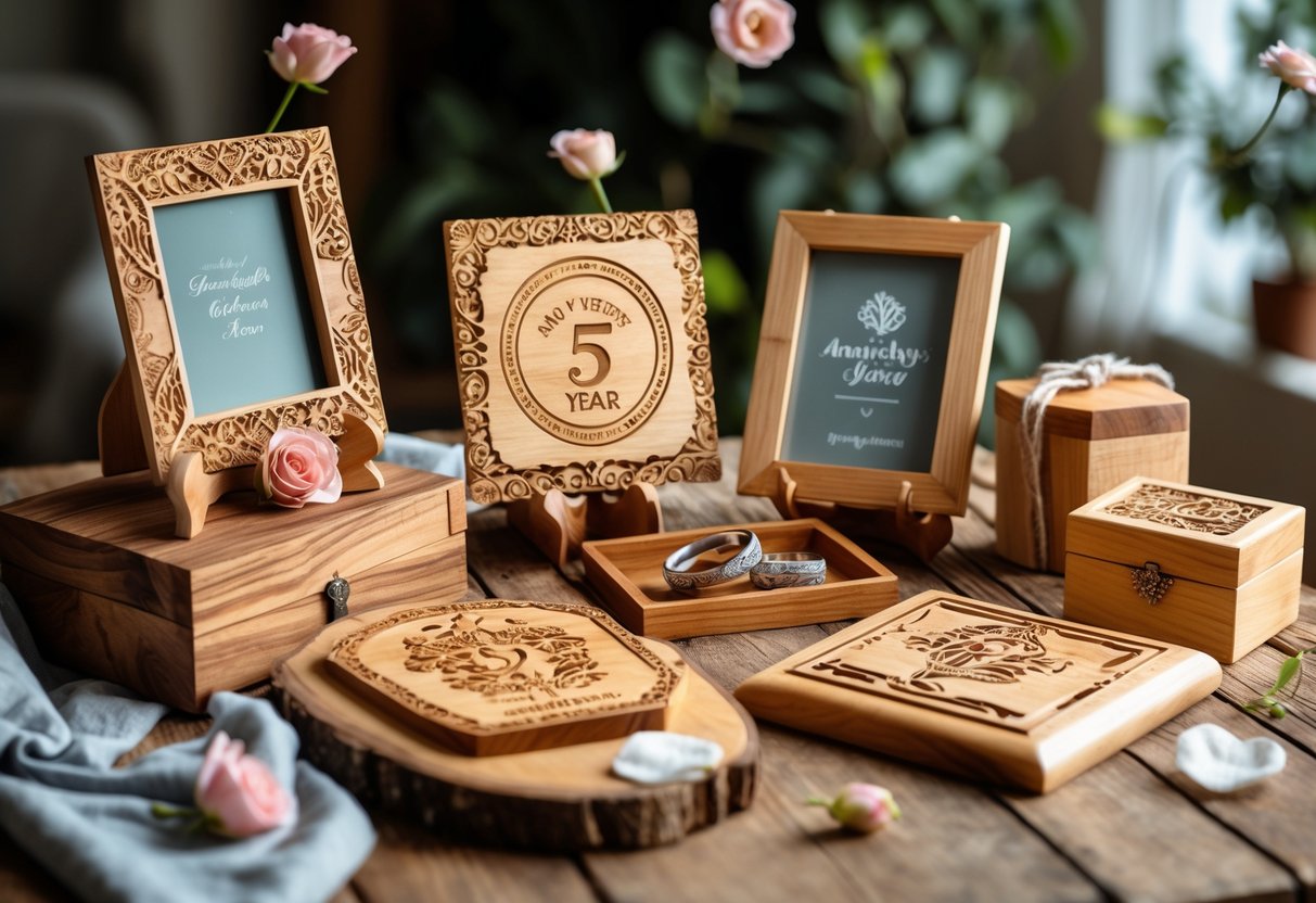 A collection of personalized wooden anniversary gifts including carved plaques, photo frames, and keepsake boxes arranged on a wooden table with rose petals and wedding rings nearby.