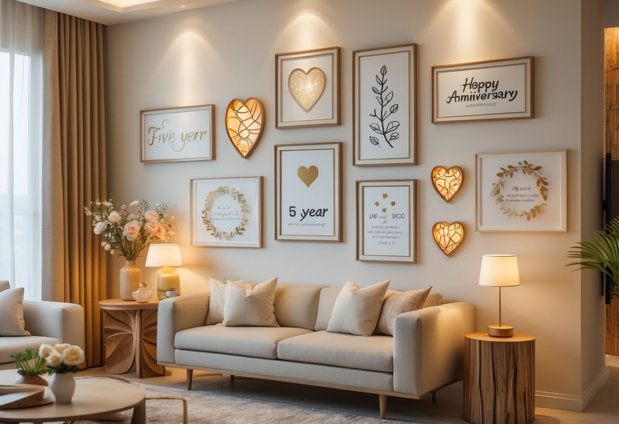 A cozy living room with unique wall art and decorative pieces symbolizing five years of growing love, featuring framed artwork, plants, and warm lighting.