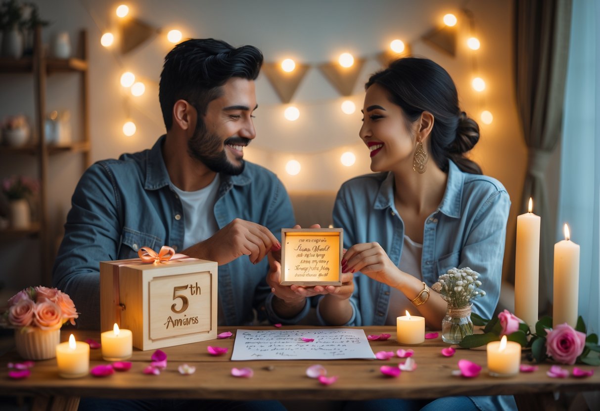 A couple exchanging personalized anniversary gifts and holding hands at a candlelit table decorated with flowers and rose petals.