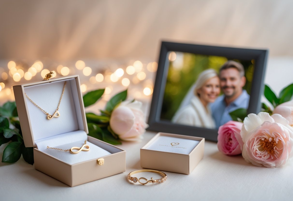 A close-up of elegant anniversary gifts including a custom engraved necklace in a jewelry box, a personalized photo frame, and a bouquet of fresh flowers arranged on a warm-toned surface.