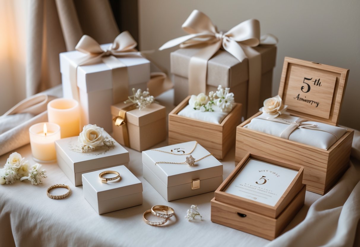 A collection of custom anniversary gifts and bundles arranged on a soft surface, featuring personalized keepsakes, jewelry, and floral accents.