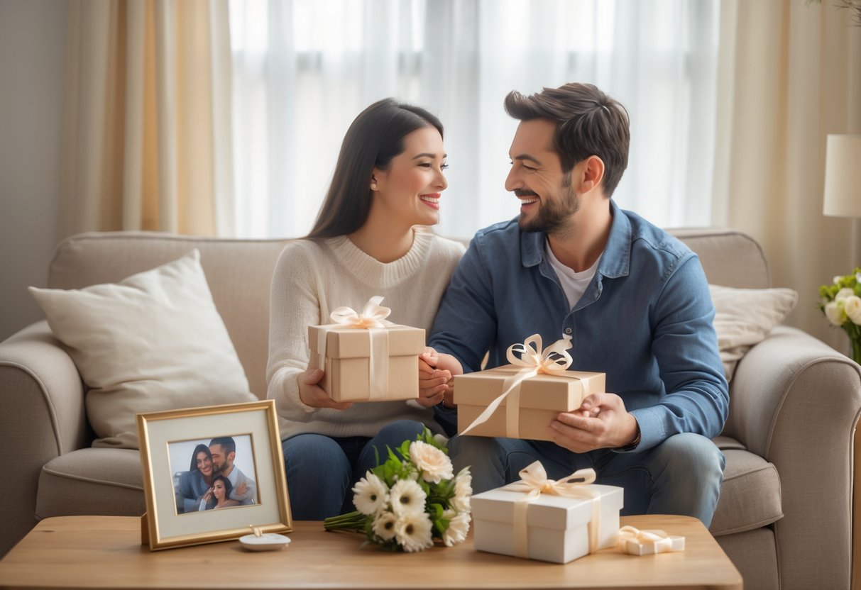 A couple sitting on a sofa exchanging gifts and smiling warmly in a cozy living room.
