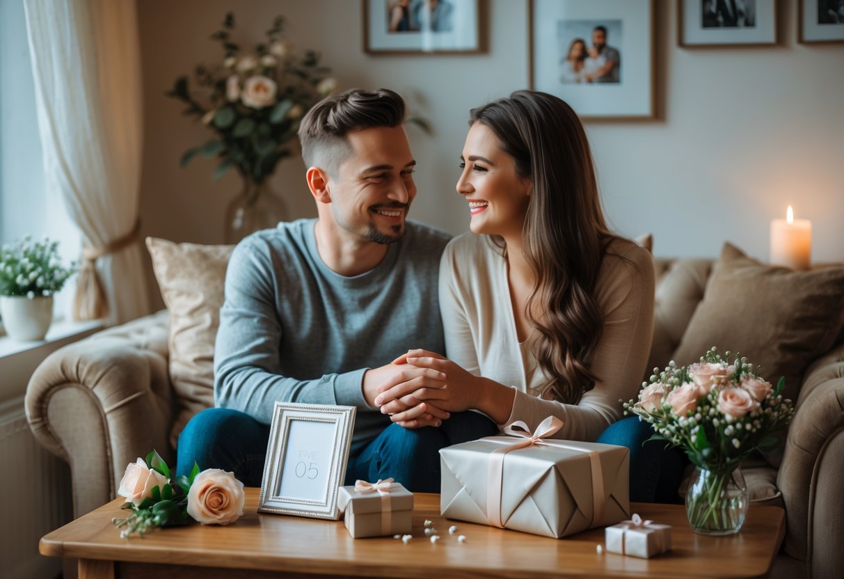 A couple sitting closely on a sofa, holding hands and smiling, surrounded by anniversary gifts and soft natural light in a cozy room.