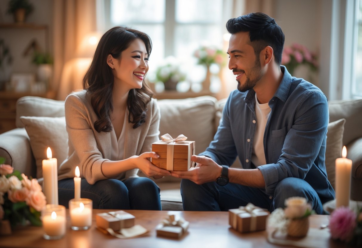 A couple exchanging traditional five-year anniversary gifts in a cozy living room, smiling warmly at each other.