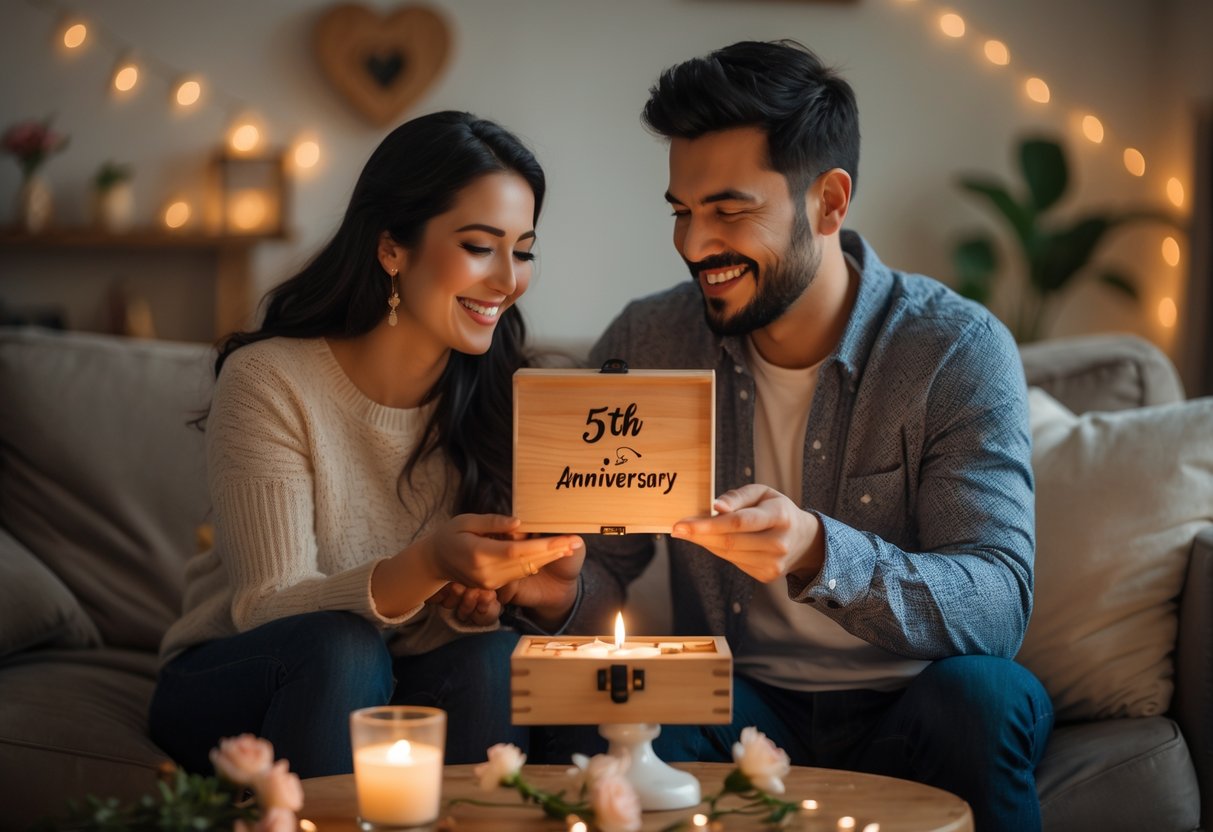 A couple exchanging personalized anniversary gifts in a cozy living room with soft lighting and decorations.