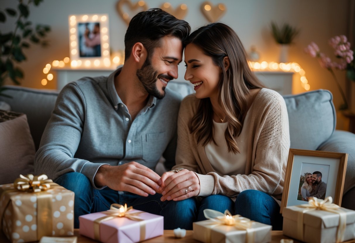 A couple sitting closely on a sofa, smiling and holding hands, surrounded by sentimental anniversary gifts in a cozy room.