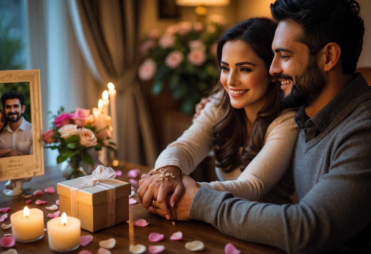 A couple holding hands across a table decorated with candles, rose petals, and a gift box in a cozy room.