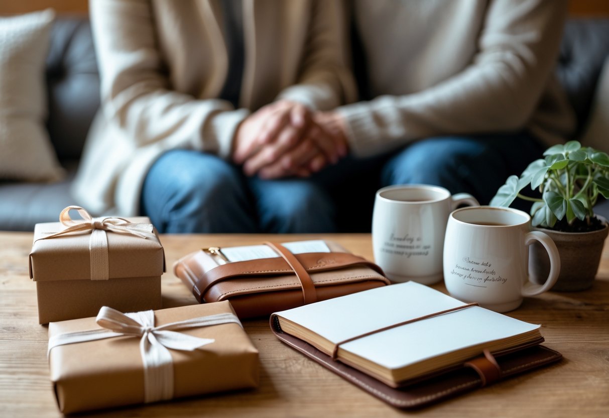 A wooden table with practical anniversary gifts including a wrapped box, leather journal, matching mugs, and a small plant, with a couple holding hands in the background.