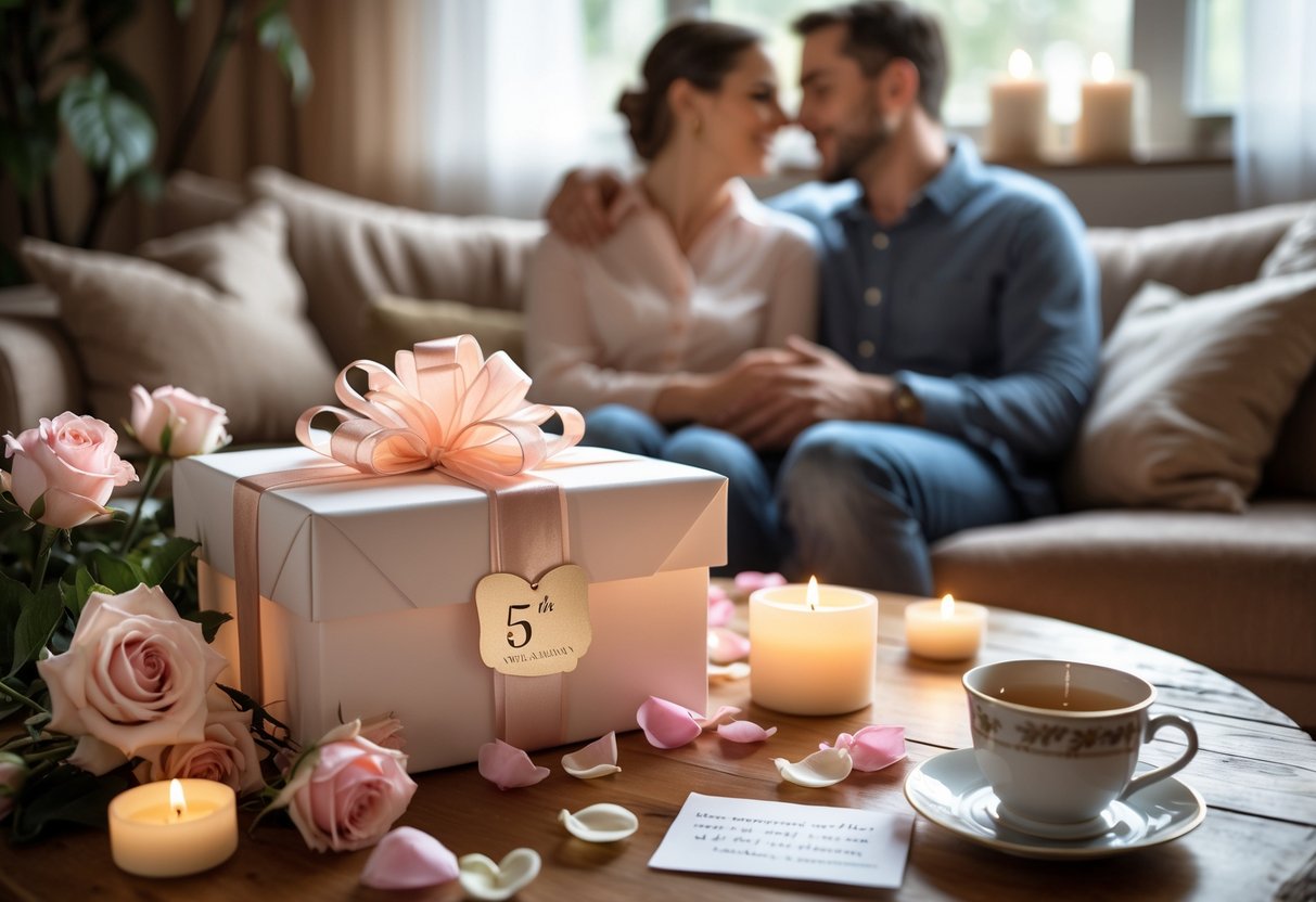 A couple sitting close together on a sofa with a wrapped gift, candles, and rose petals on a table, creating a warm and loving anniversary celebration.