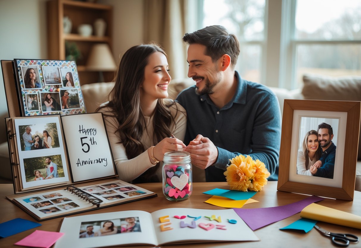 A couple holding hands and smiling in a cozy living room surrounded by handmade anniversary gifts and crafting materials.