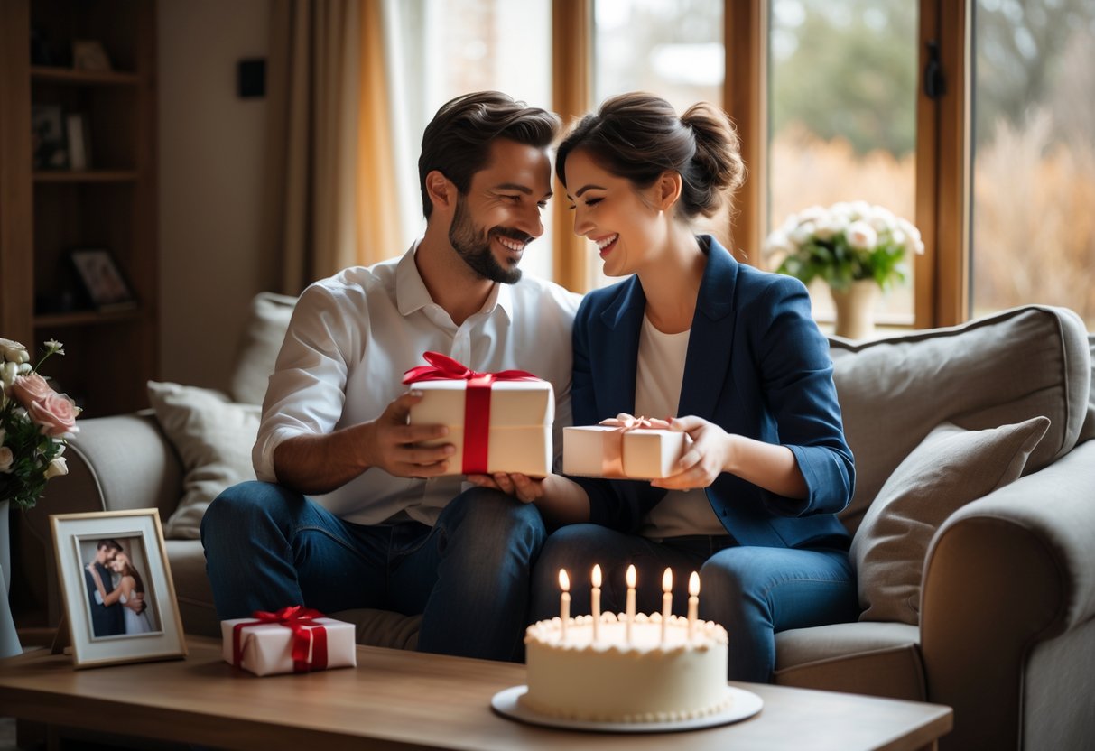 A couple sitting together on a sofa exchanging gifts and smiling, surrounded by flowers and a small anniversary cake with five lit candles.