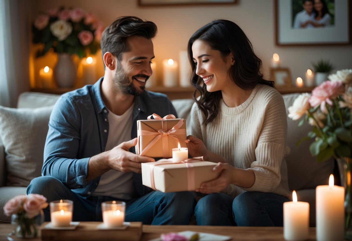 A couple exchanging sentimental anniversary gifts in a cozy living room with flowers and candles.