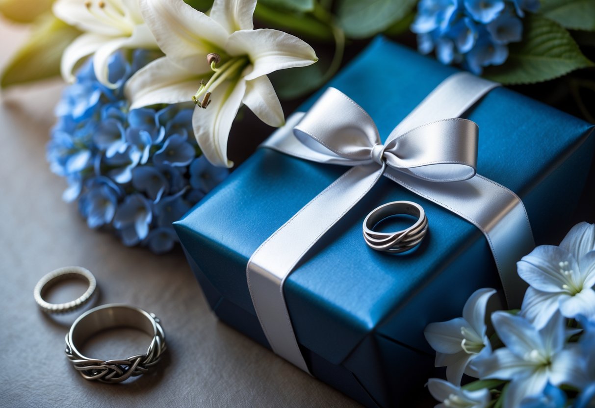 A close-up of a wrapped gift box with silver ribbon, wrought iron jewelry, intertwined metal rings, and a bouquet of white lilies and blue hydrangeas arranged together.