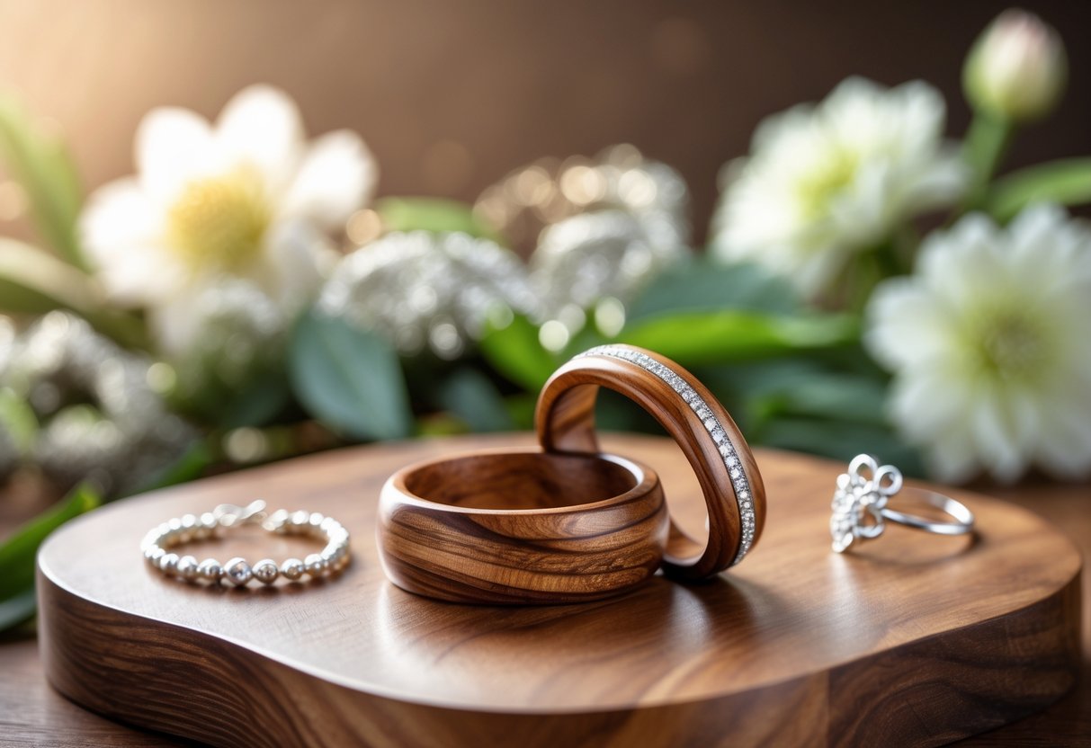 Close-up of intertwined wooden rings and silver jewelry on a polished wooden surface with white flowers in the background, symbolizing a 5th wedding anniversary.