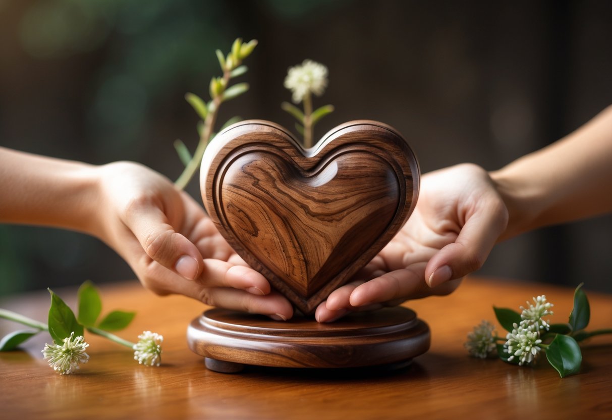 A carved wooden heart resting on a wooden surface with intertwined hands holding it gently, surrounded by small green leaves and soft natural light.