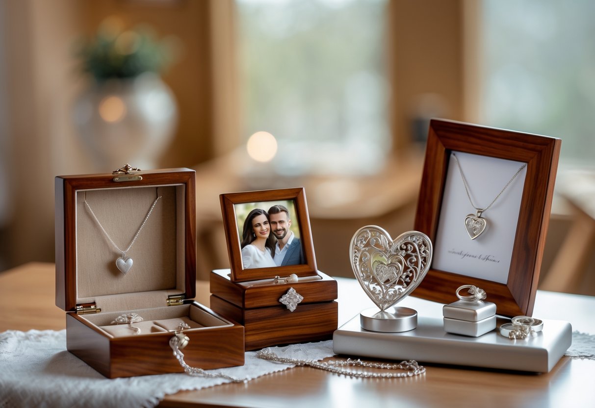 A wooden table displaying traditional 5th anniversary gifts including a wooden jewelry box, a wooden photo frame with a couple's picture, a carved wooden heart, and silver rings, all arranged with warm lighting.