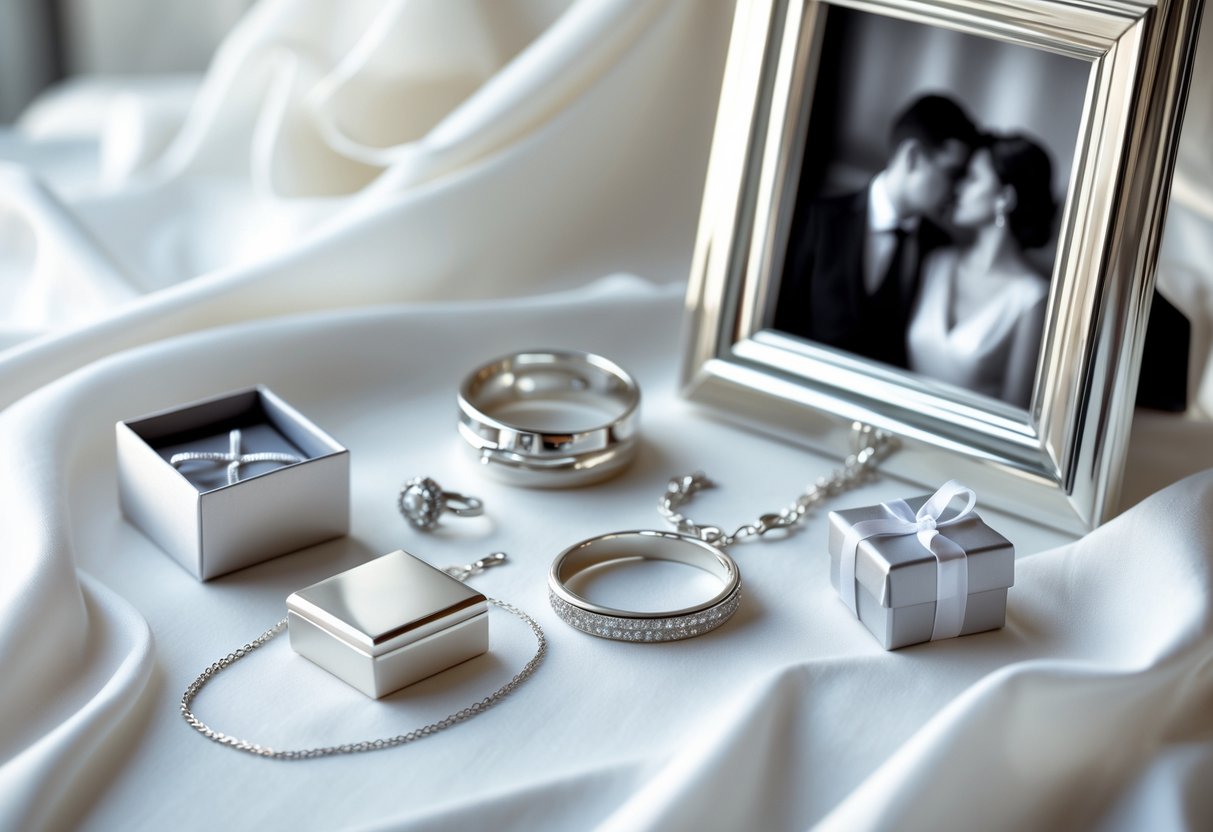 An arrangement of silver anniversary gifts including jewelry, a photo frame, and a keepsake box on a soft white surface.