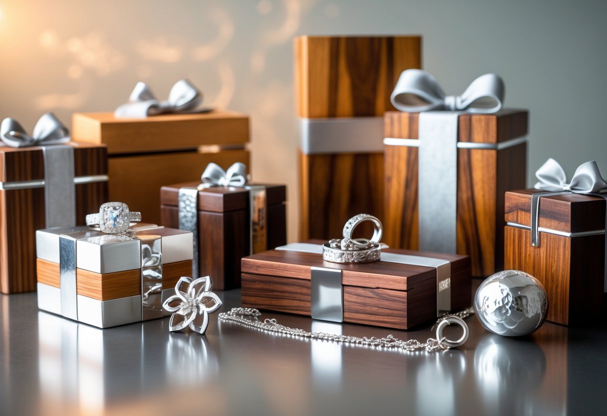 A collection of mixed wood and silver anniversary gifts arranged on a warm surface, including wooden boxes with silver accents and silver jewelry with wooden details.