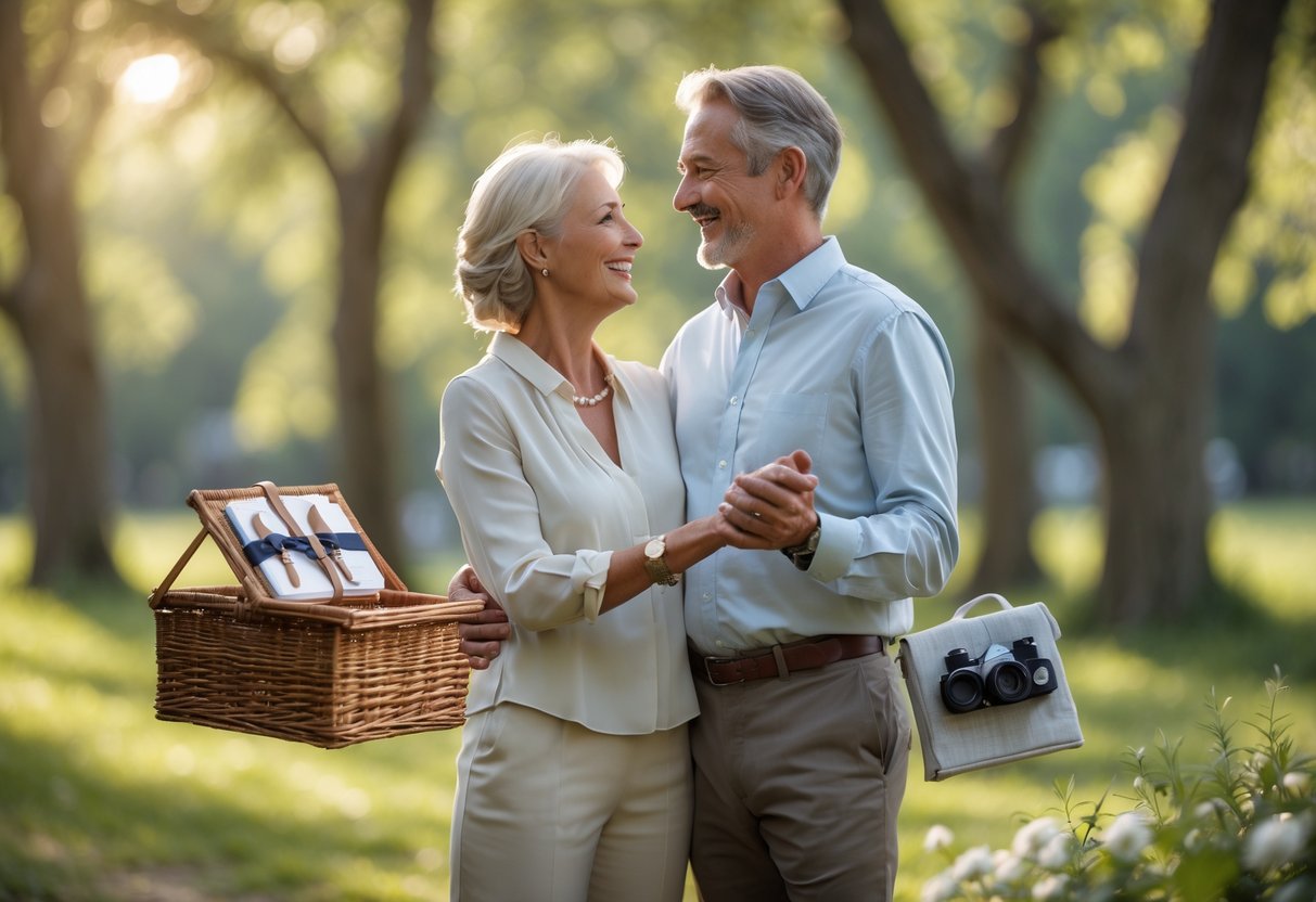 A smiling mature couple outdoors holding hands surrounded by nature, celebrating their 5th wedding anniversary with experience-based gifts nearby.