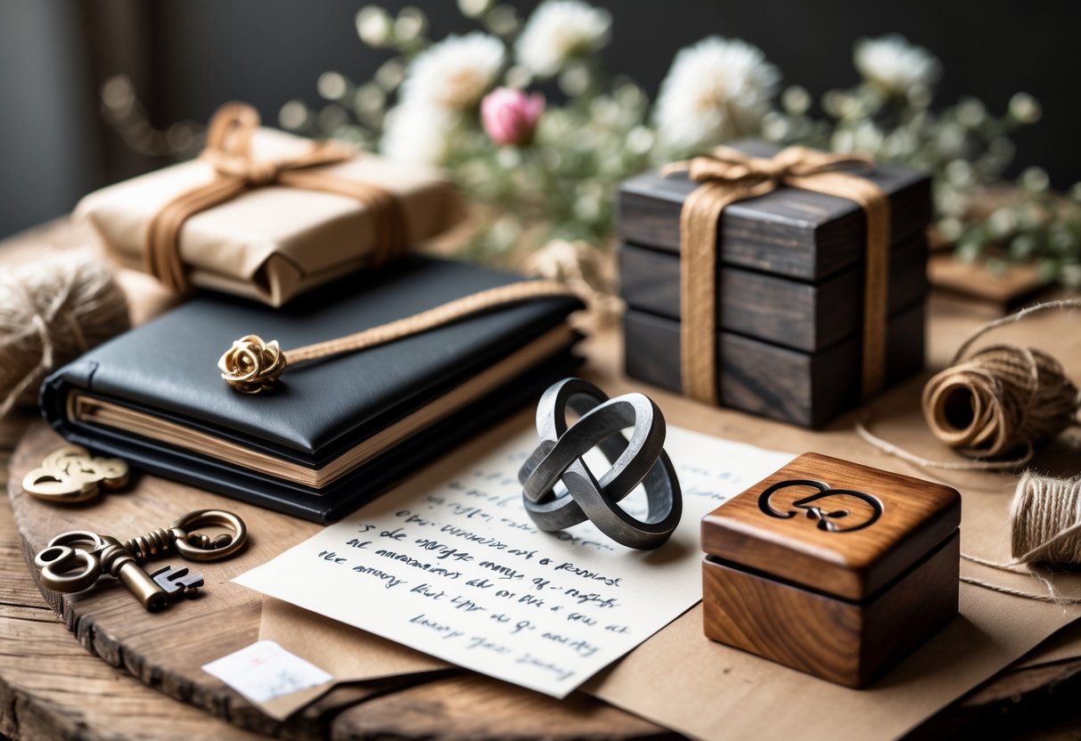 A table displaying handcrafted anniversary gifts including a leather photo album, metal sculpture of intertwined rings, and a carved wooden box surrounded by flowers and handwritten notes.