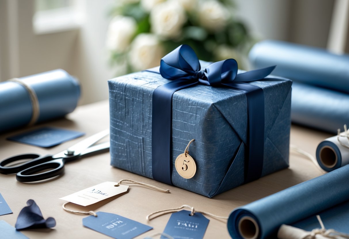 A neatly wrapped gift box with ribbon and wrapping materials arranged on a wooden table.