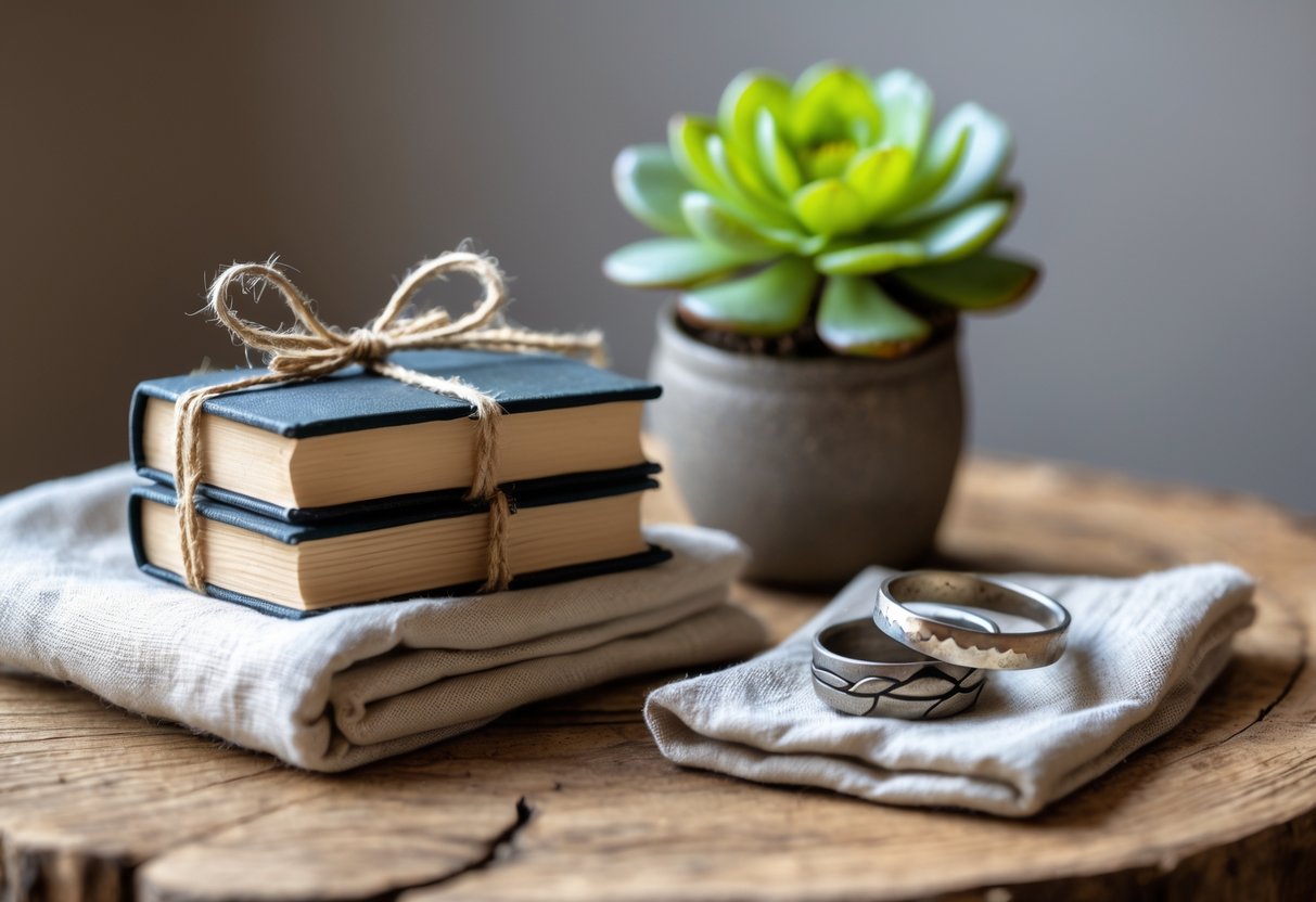 A wooden table displaying five hardcover books tied with twine, two intertwined metal rings, and a small potted succulent plant.