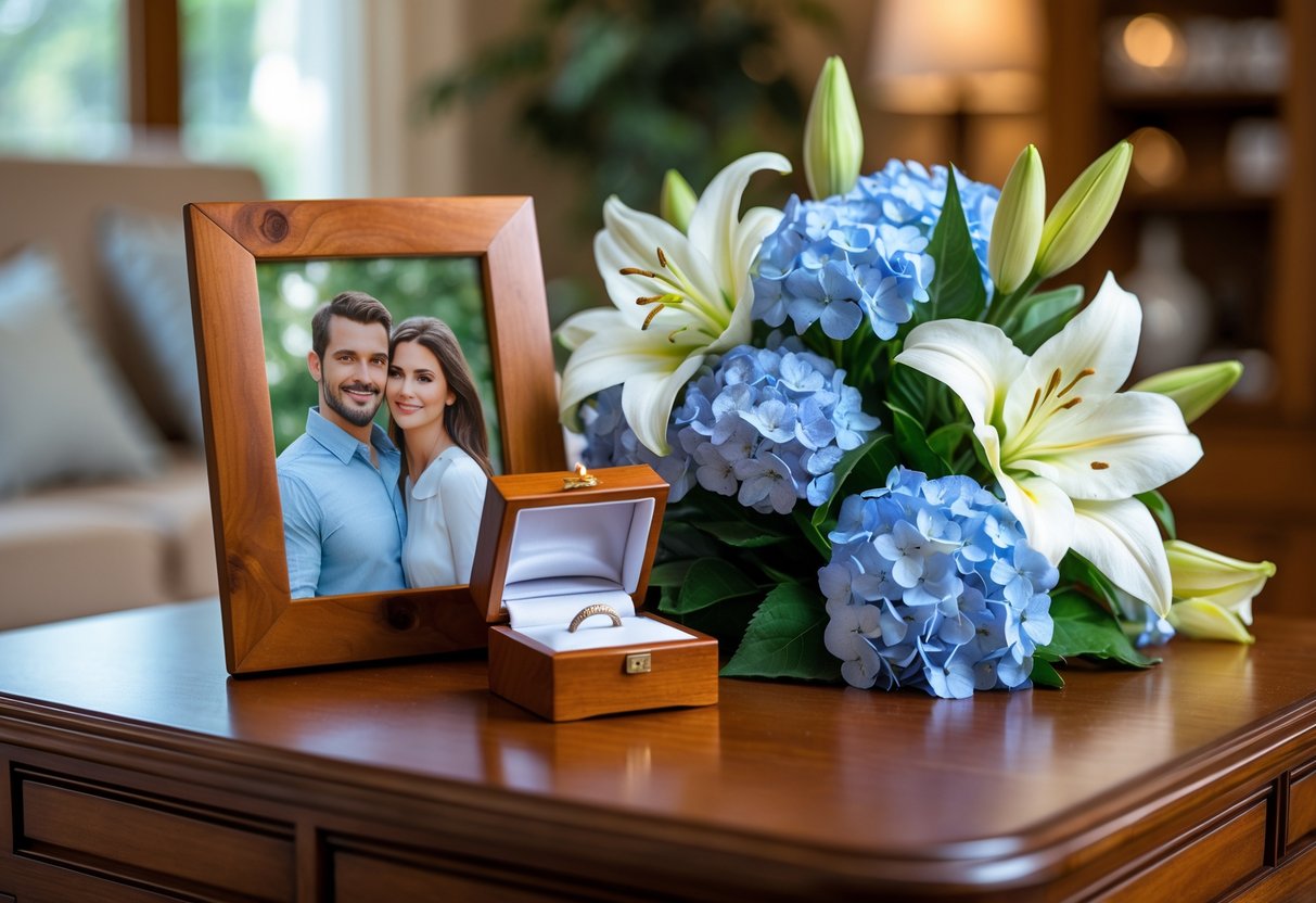 A table displaying a wooden photo frame, an open wooden jewelry box with a ring, and a bouquet of white lilies and blue hydrangeas in a cozy home setting.