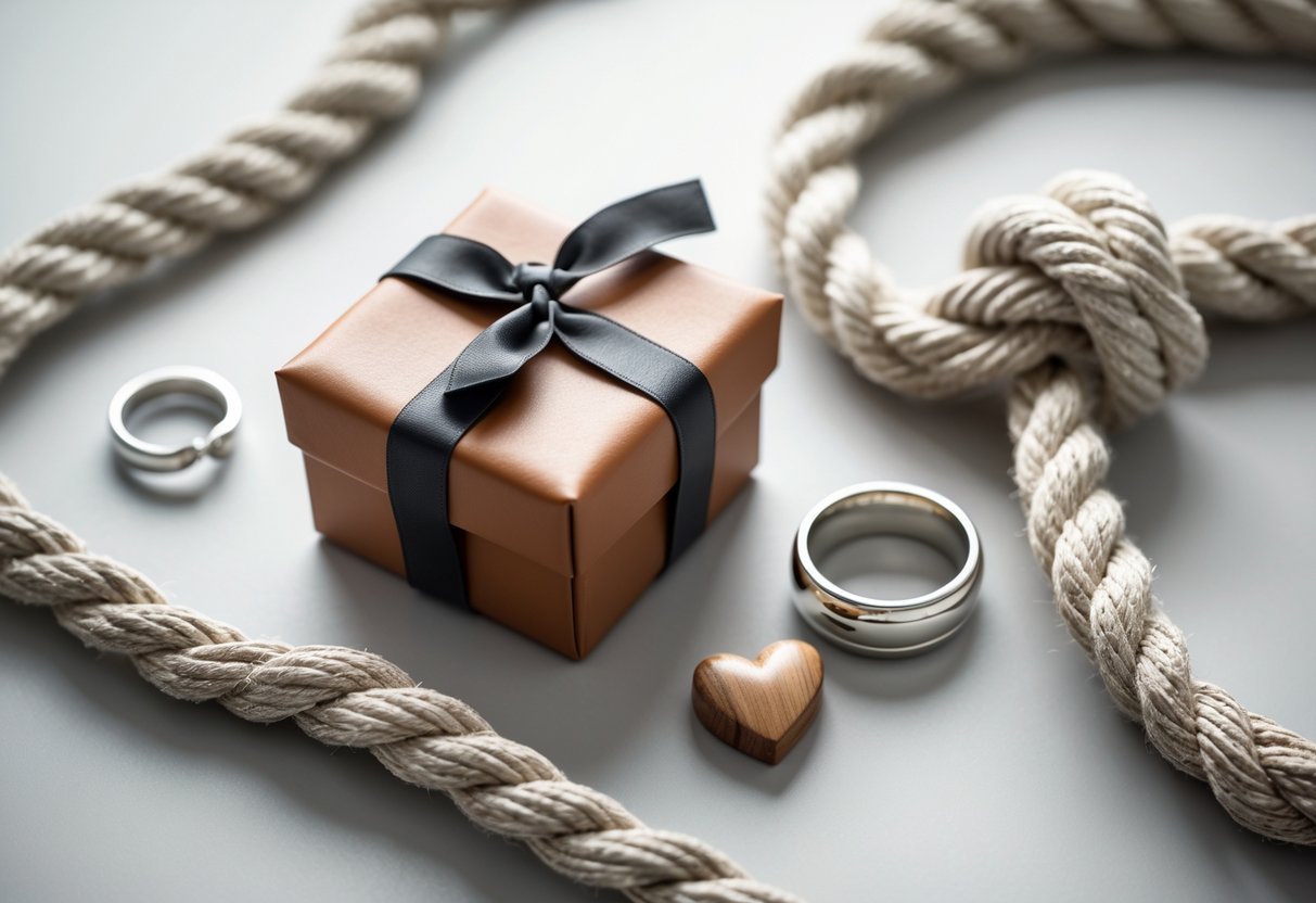 A neatly arranged display of 5th anniversary gifts including a leather-textured gift box, intertwined silver rings, a knotted rope, and a wooden heart on a plain background.