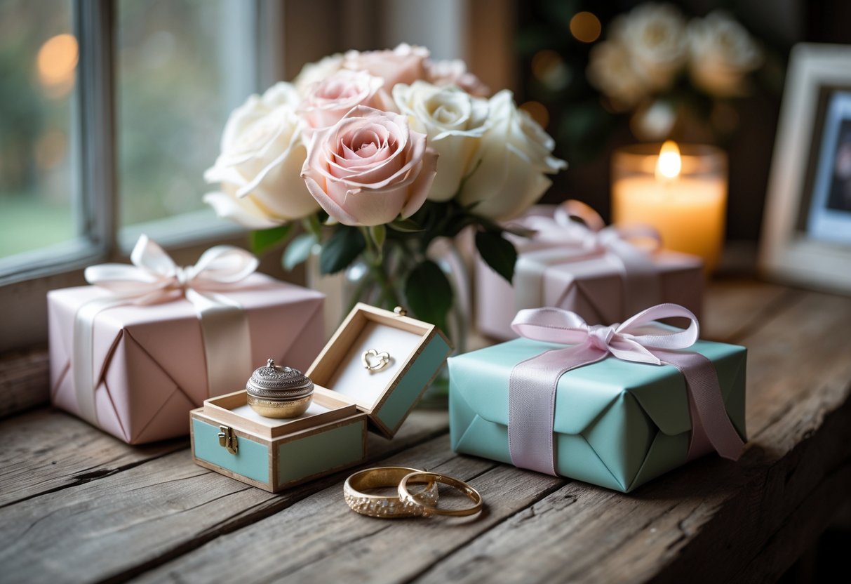 A wooden table with wrapped anniversary gifts, a silver locket in a wooden box, a bouquet of roses, and intertwined gold rings, softly lit by natural light.