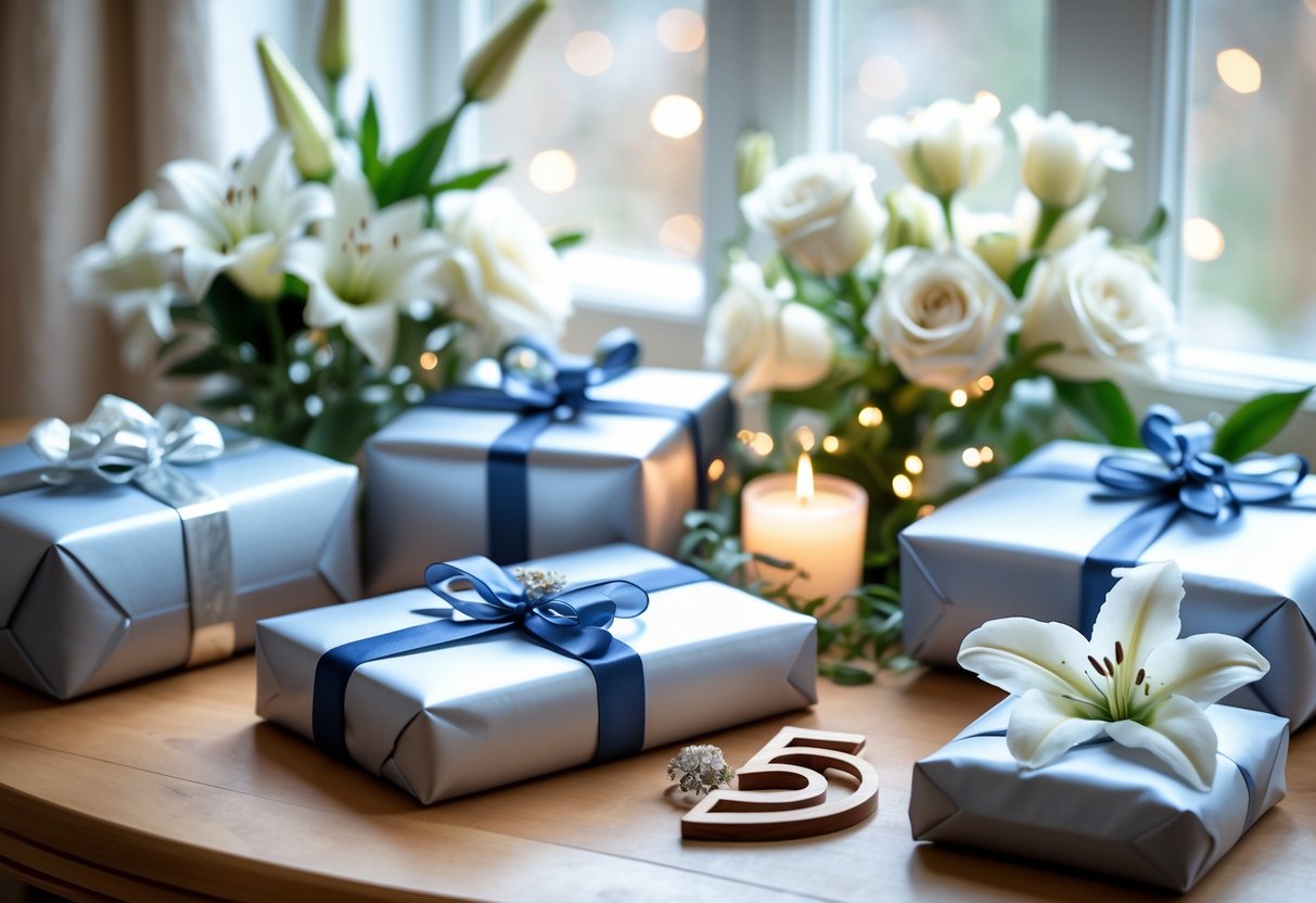 A table with wrapped gifts, white flowers, and decorative rings arranged to celebrate a 5-year anniversary.