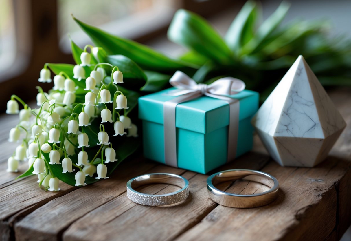 A wooden table displaying lilies of the valley, a turquoise gift box, a silver bracelet, and a geometric sculpture arranged together.