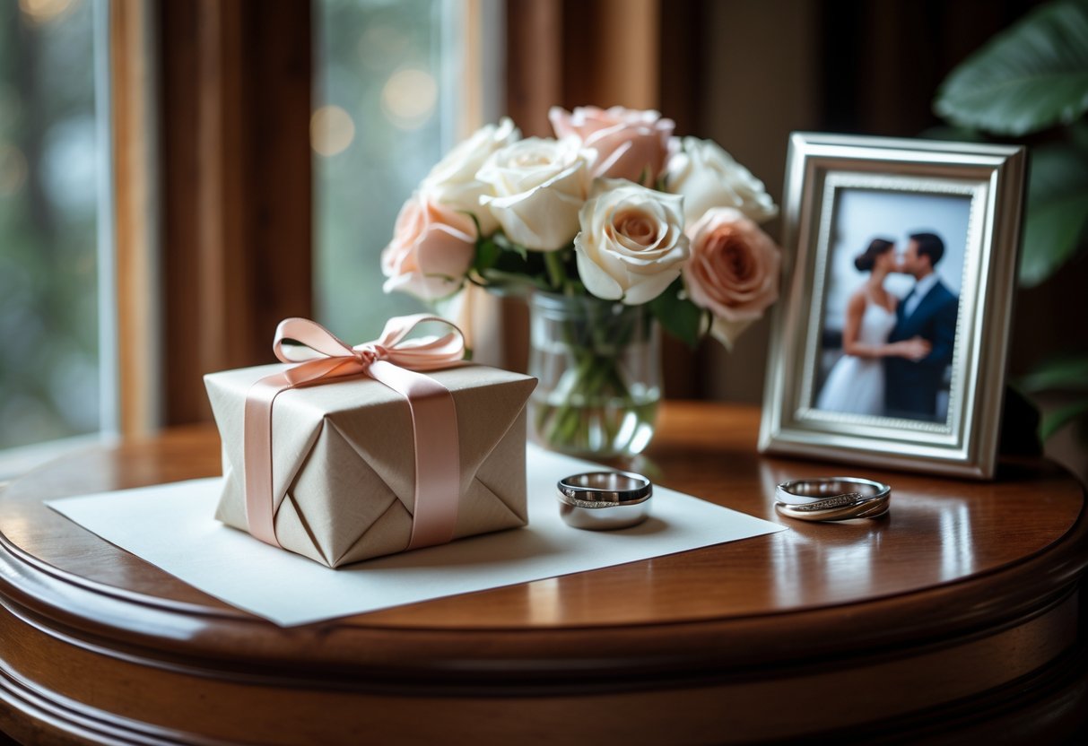 A wooden table with a wrapped gift, fresh roses, wedding rings, and a photo frame, symbolizing a five-year anniversary celebration.
