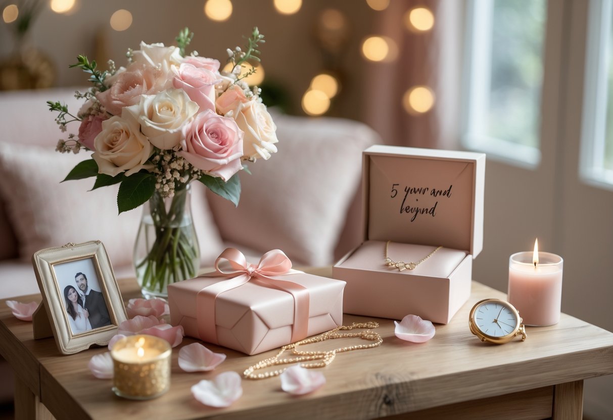 A cozy table with anniversary gifts including flowers, a jewelry box with a necklace, a wrapped present, and a framed photo of a couple, surrounded by candles and rose petals.
