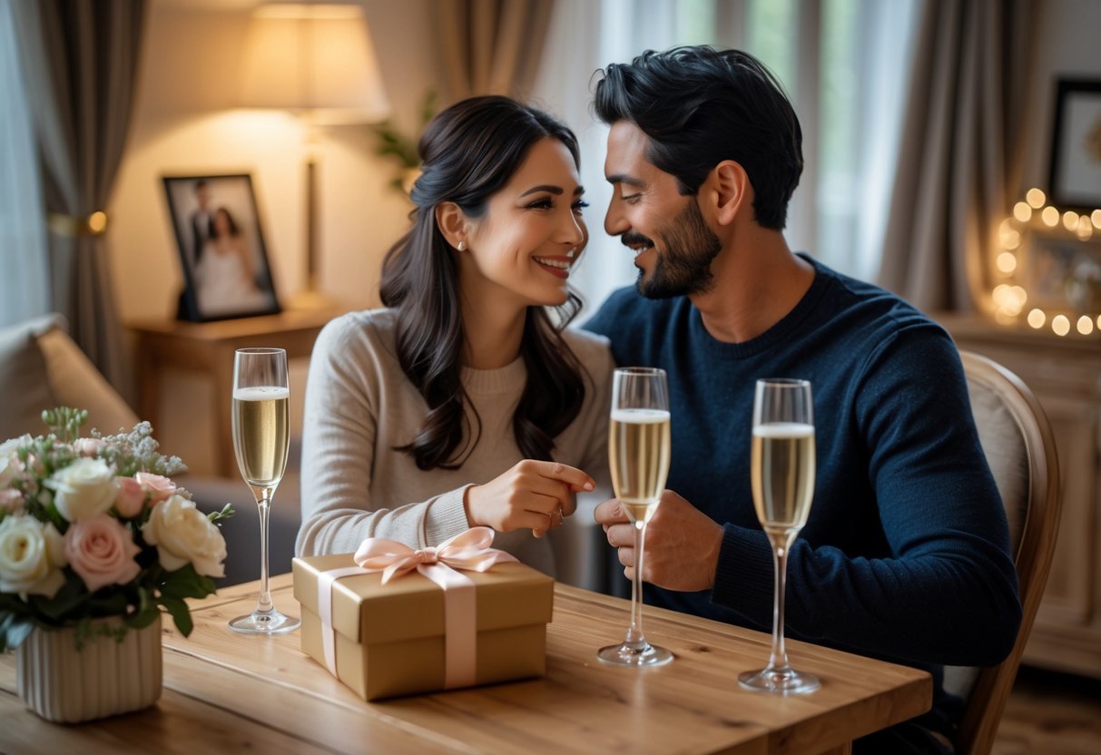 A couple sharing a tender moment at a table with a wrapped gift, flowers, and champagne, celebrating their anniversary.