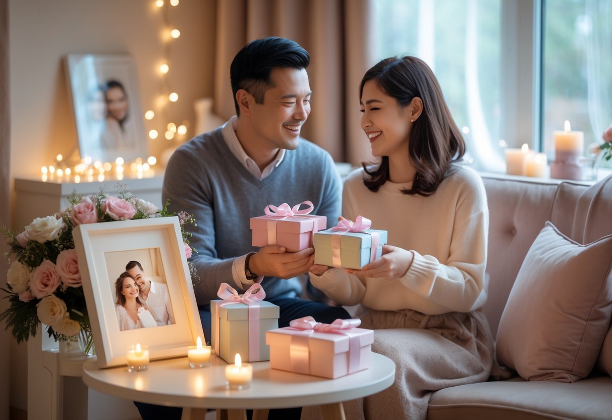 A couple exchanging anniversary gifts in a cozy room decorated with flowers, candles, and fairy lights.