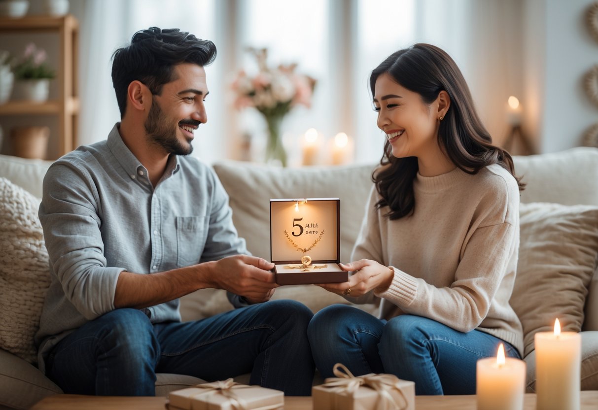 A couple exchanging personalized anniversary gifts in a cozy living room decorated for their 5th anniversary celebration.