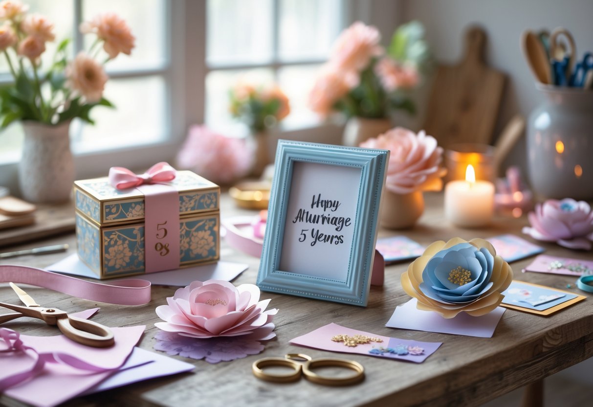 A workspace with handmade anniversary gifts including a decorated wooden box, photo frames, paper flowers, and crafting tools on a wooden table.