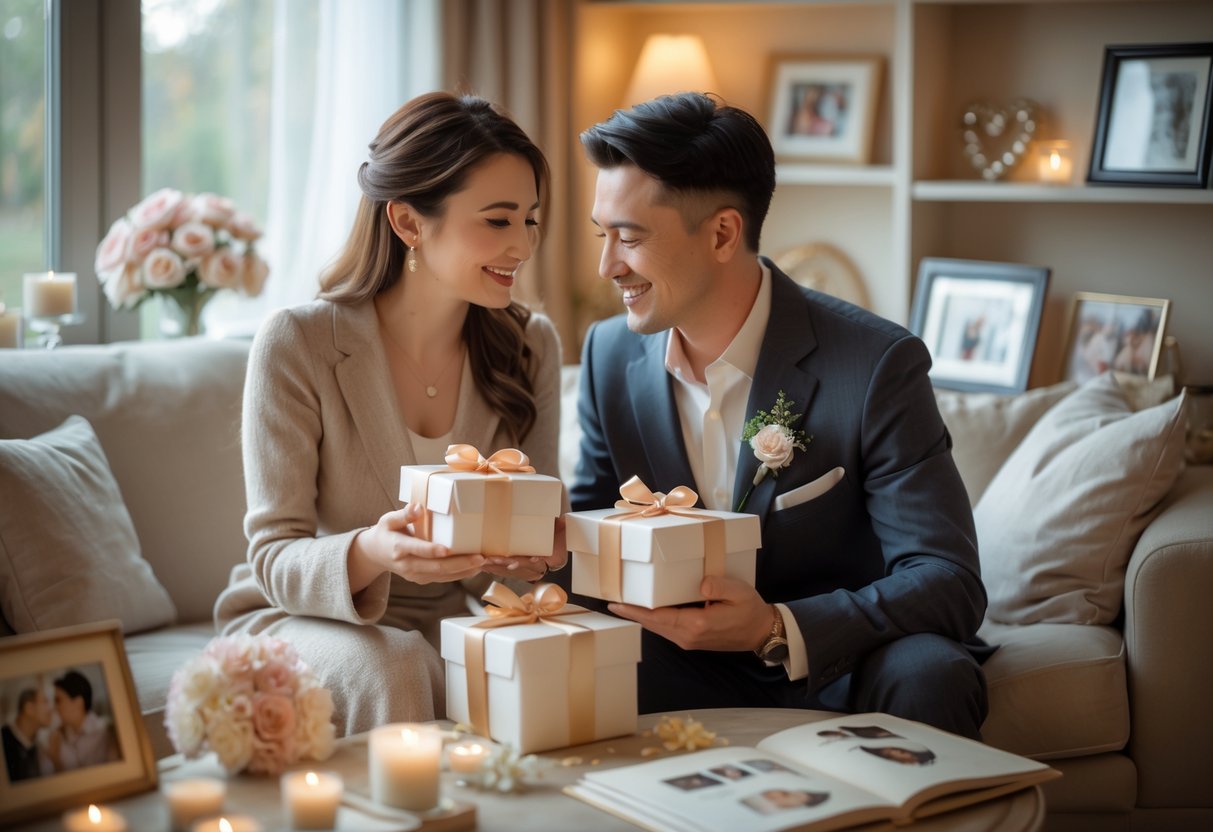A couple exchanging thoughtful anniversary gifts in a cozy living room surrounded by framed photos and keepsakes, sharing warm smiles and tender expressions.