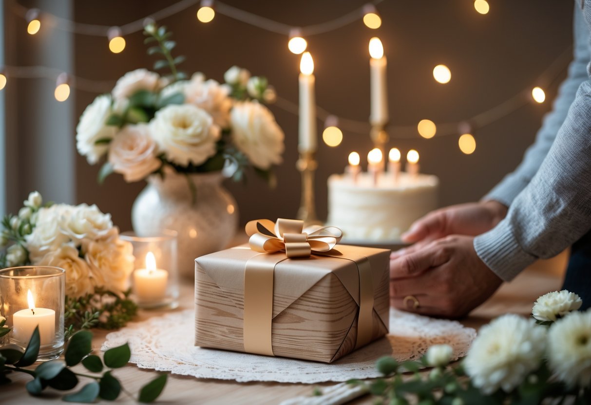 A cozy anniversary scene with a wrapped gift box, candles, flowers, and a couple holding hands at a decorated table.