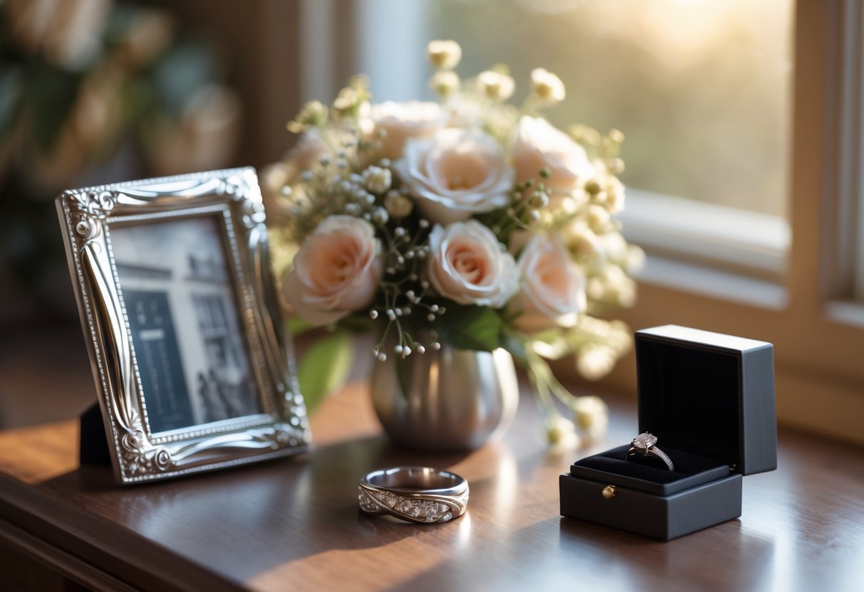 A wooden table with anniversary gifts including a silver photo frame, fresh flowers, a jewelry box with a ring, and two wedding bands, bathed in warm natural light.