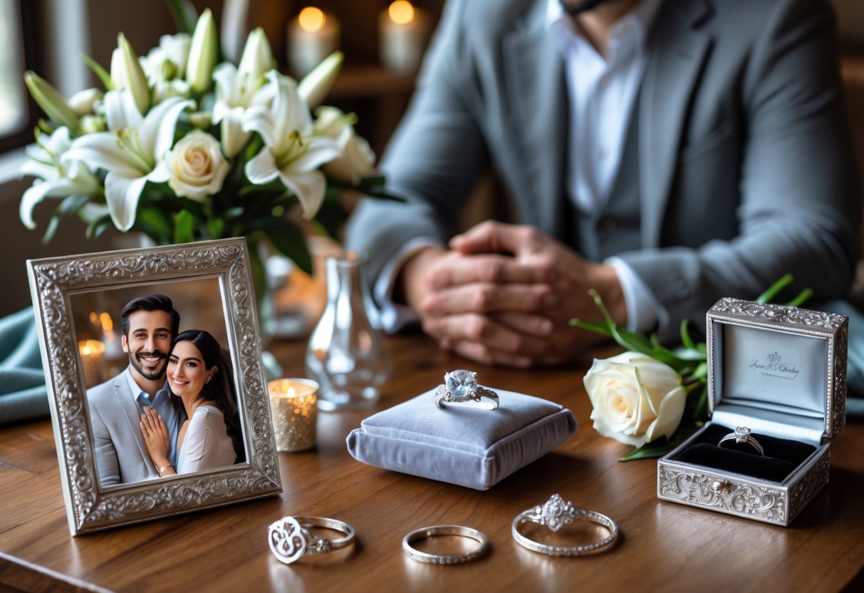 A couple holding hands smiling with a table displaying silver anniversary gifts including rings, a photo frame, flowers, and a jewelry box.