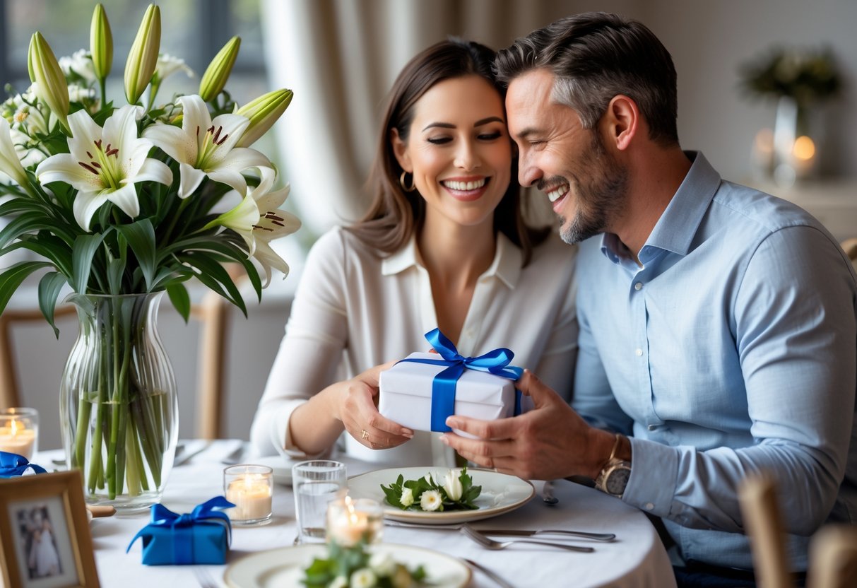 A couple exchanging gifts at a decorated table with flowers and wooden and silver accents, celebrating their fifth anniversary.