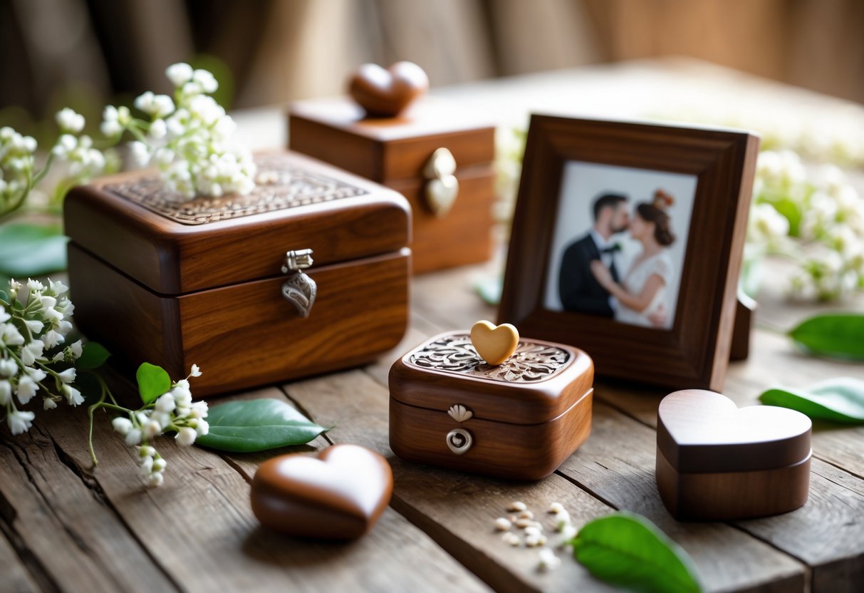 A wooden table displaying handcrafted wooden anniversary gifts including a jewelry box, photo frame, and heart ornament surrounded by flowers and leaves.