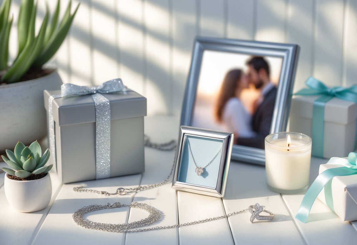 A collection of silver-themed anniversary gifts including jewelry, a photo frame, a candle, and a small plant arranged on a white wooden surface.