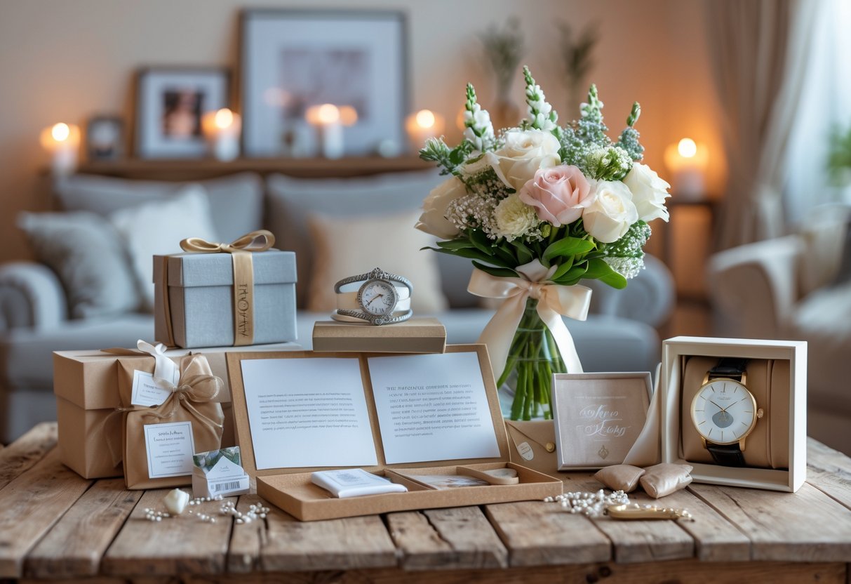 A collection of five-year anniversary gifts including silver jewelry, a photo album, flowers, and a watch displayed on a wooden table in a cozy living room.