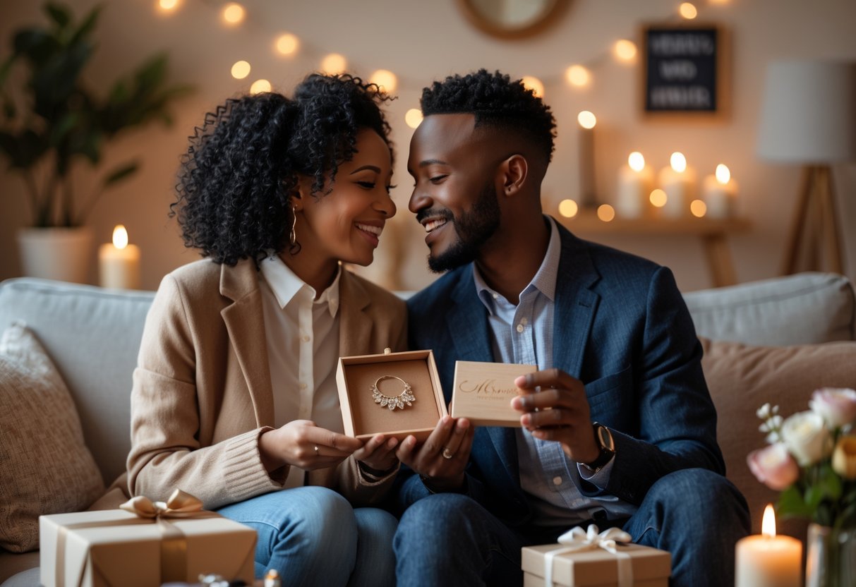A smiling couple celebrating their 5th anniversary at home, holding personalized gifts and sharing a joyful moment together.